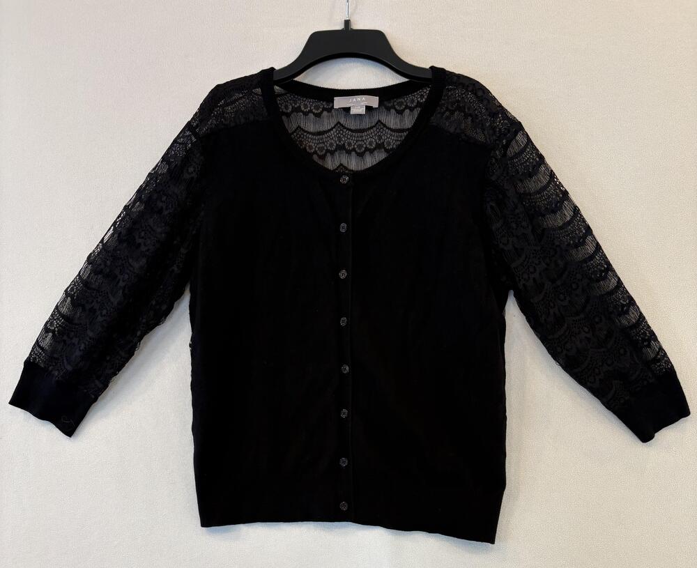 Jana Cardigan Sweater Womens Large Black Lace Floral Button Front 3/4 Sleeve